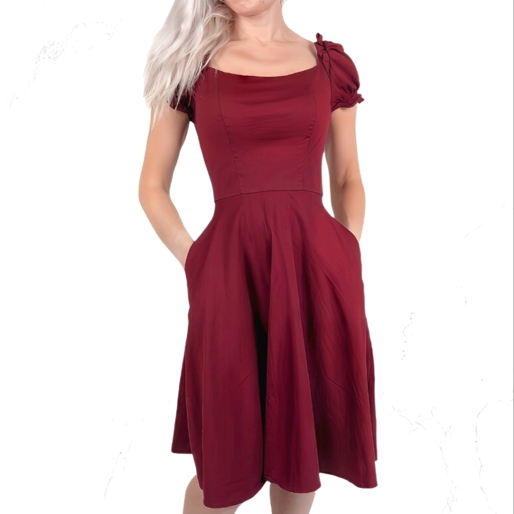 Hanpceirs Burgundy Fit-and-Flare Dress Size S Square Neck Puff Sleeves